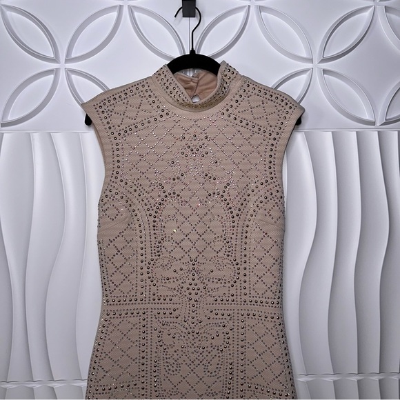 Hot Miami Styles Embellished Mini Dress with Gold Studs and Iridescent Stones - Picture 3 of 7